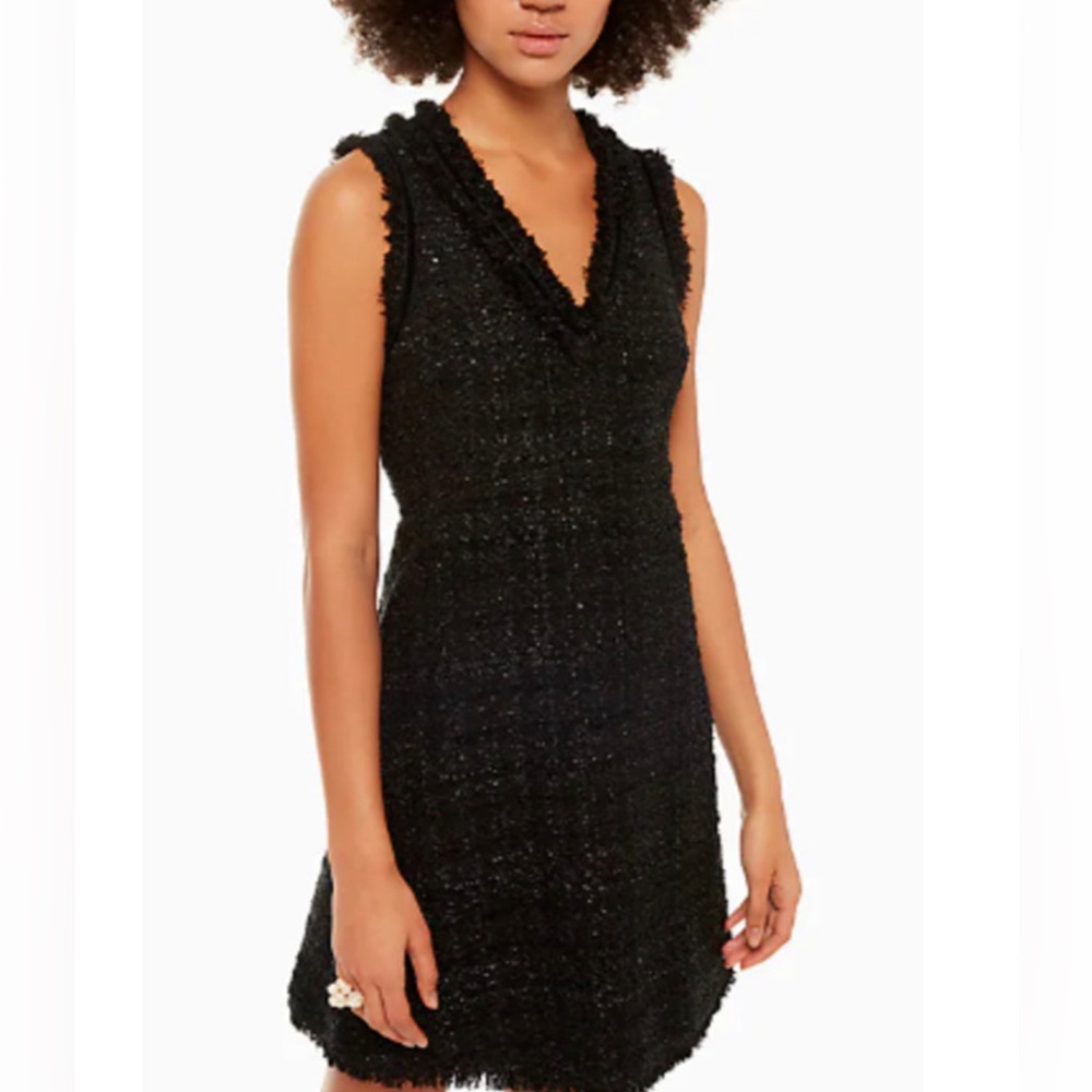 NWT Kate Spade V Neck Metallic Black Tweed Cocktail Dress | Size 10
